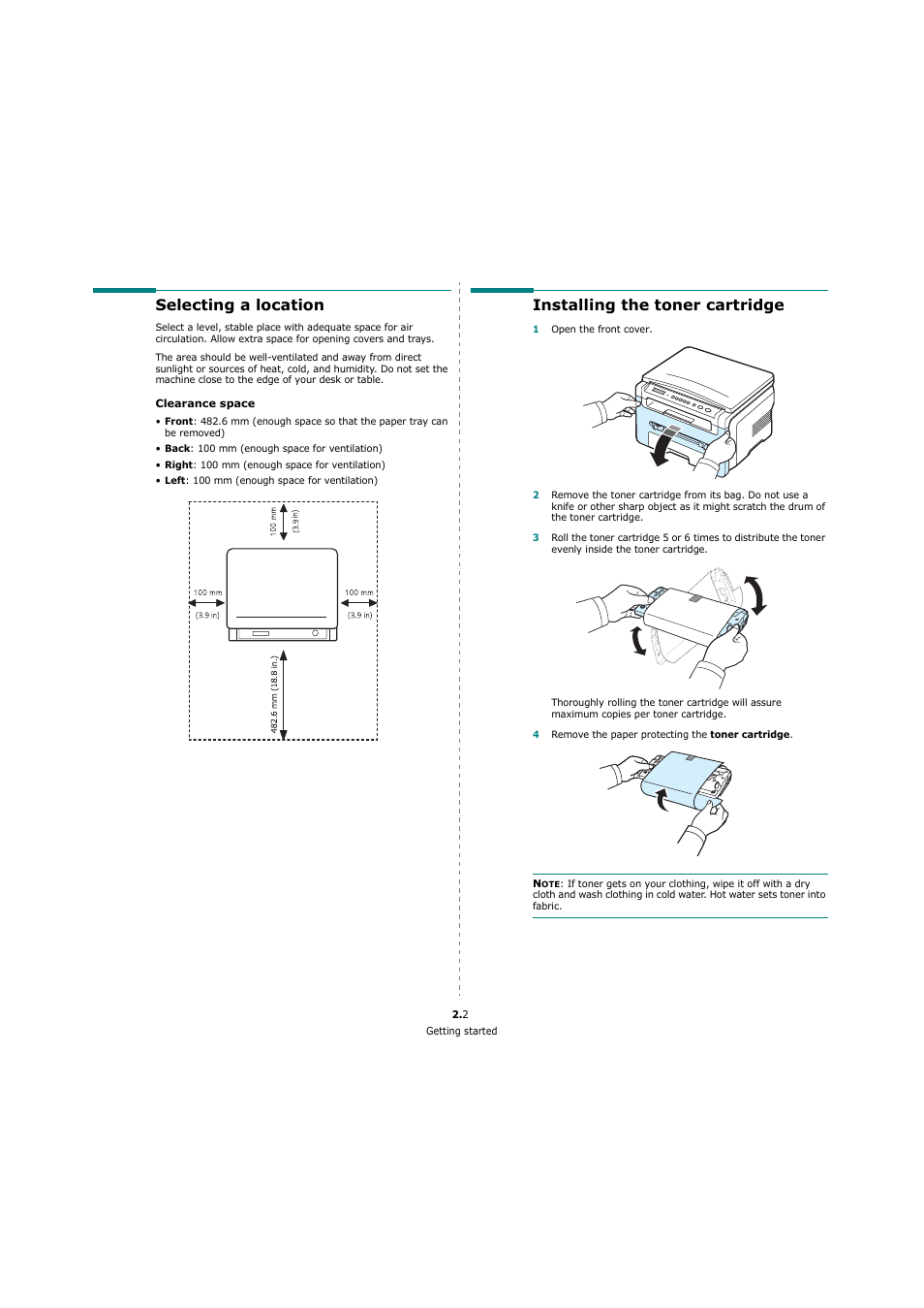 Selecting a location, Installing the toner cartridge | Xerox 3119 User Manual | Page 12 / 86