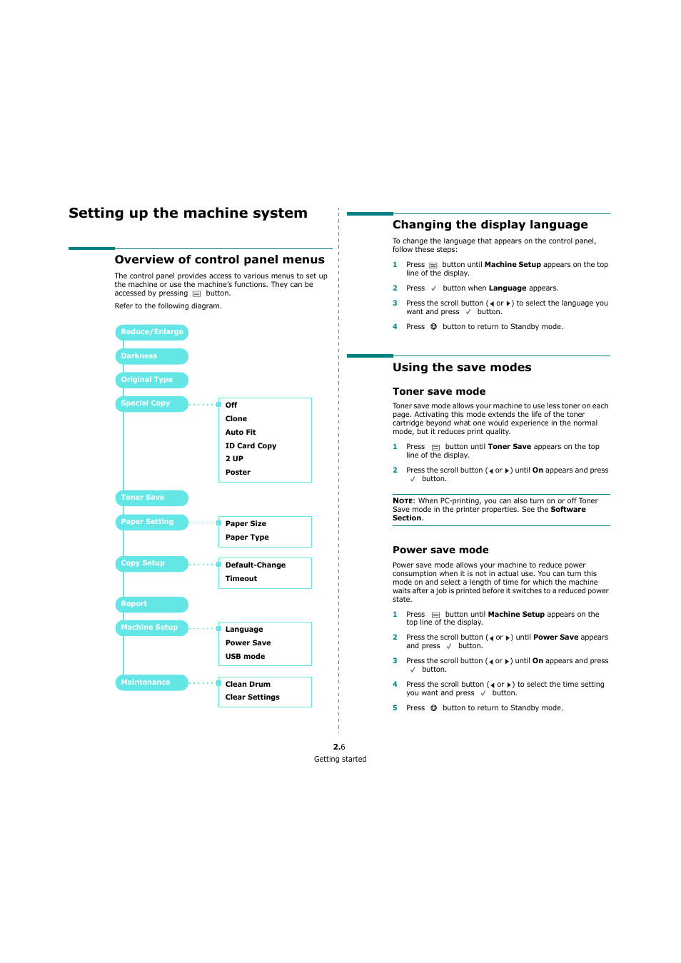 Setting up the machine system, Overview of control panel menus, Changing the display language | Using the save modes, Toner save mode, Power save mode | Xerox 3119 User Manual | Page 16 / 86