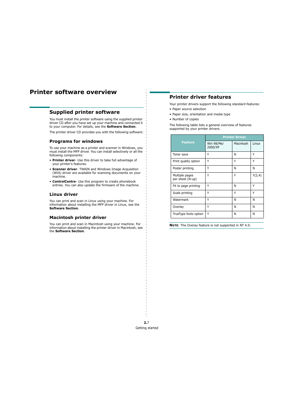 Printer software overview, Supplied printer software, Programs for windows | Linux driver, Macintosh printer driver, Printer driver features, Supplied printer software printer driver features | Xerox 3119 User Manual | Page 17 / 86