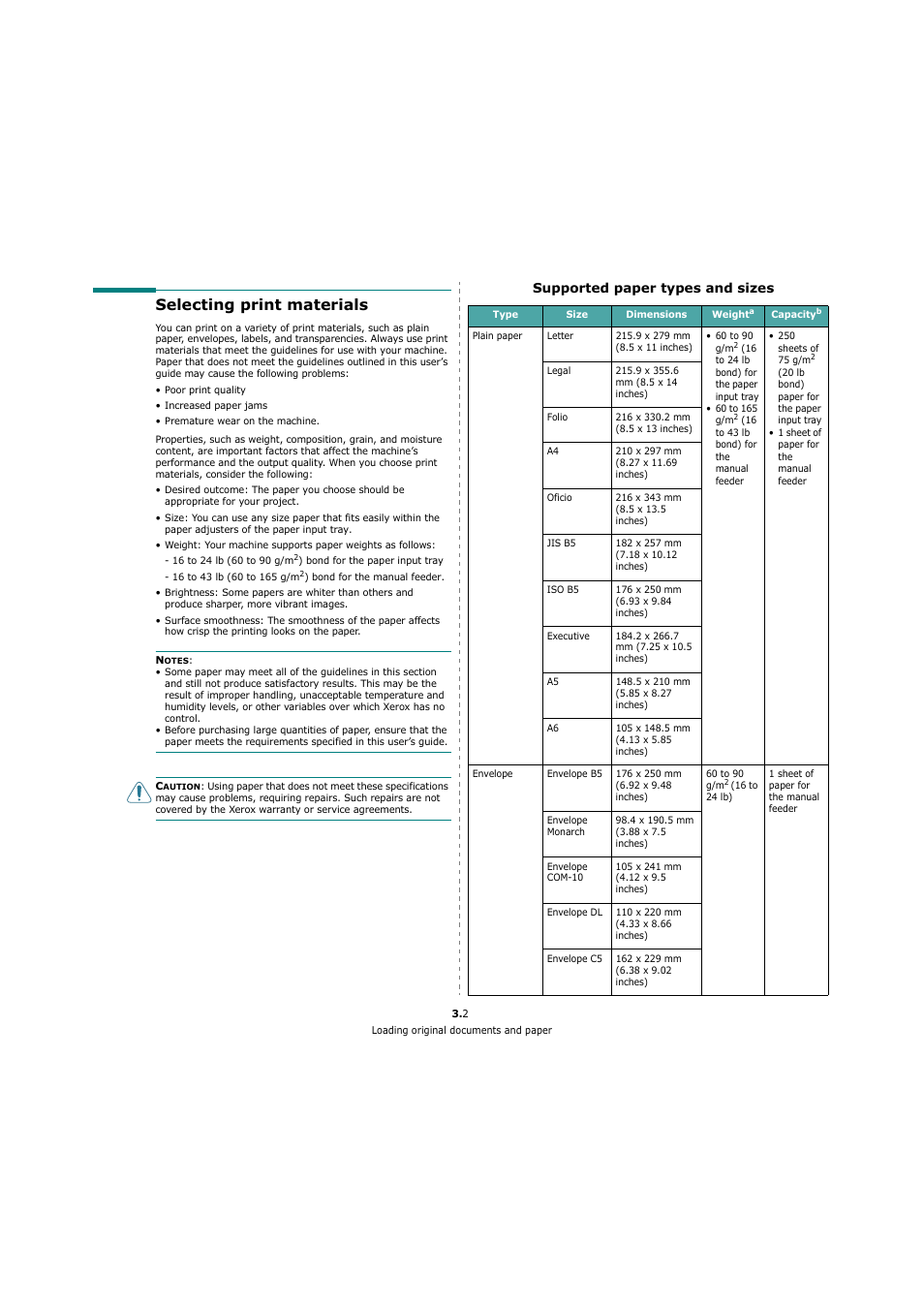 Selecting print materials, Supported paper types and sizes | Xerox 3119 User Manual | Page 20 / 86