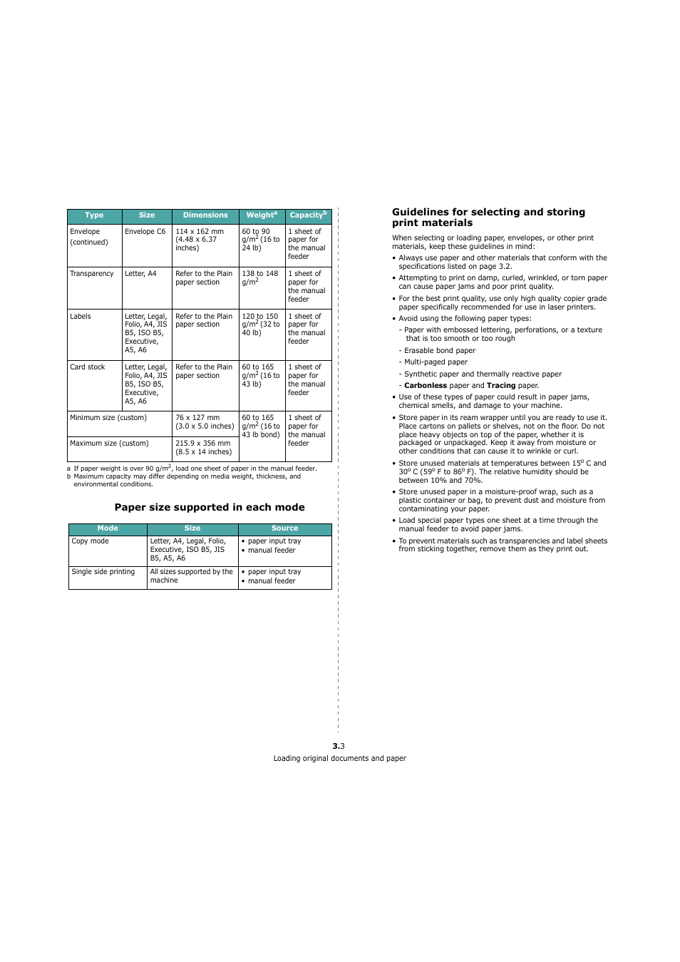 Paper size supported in each mode | Xerox 3119 User Manual | Page 21 / 86