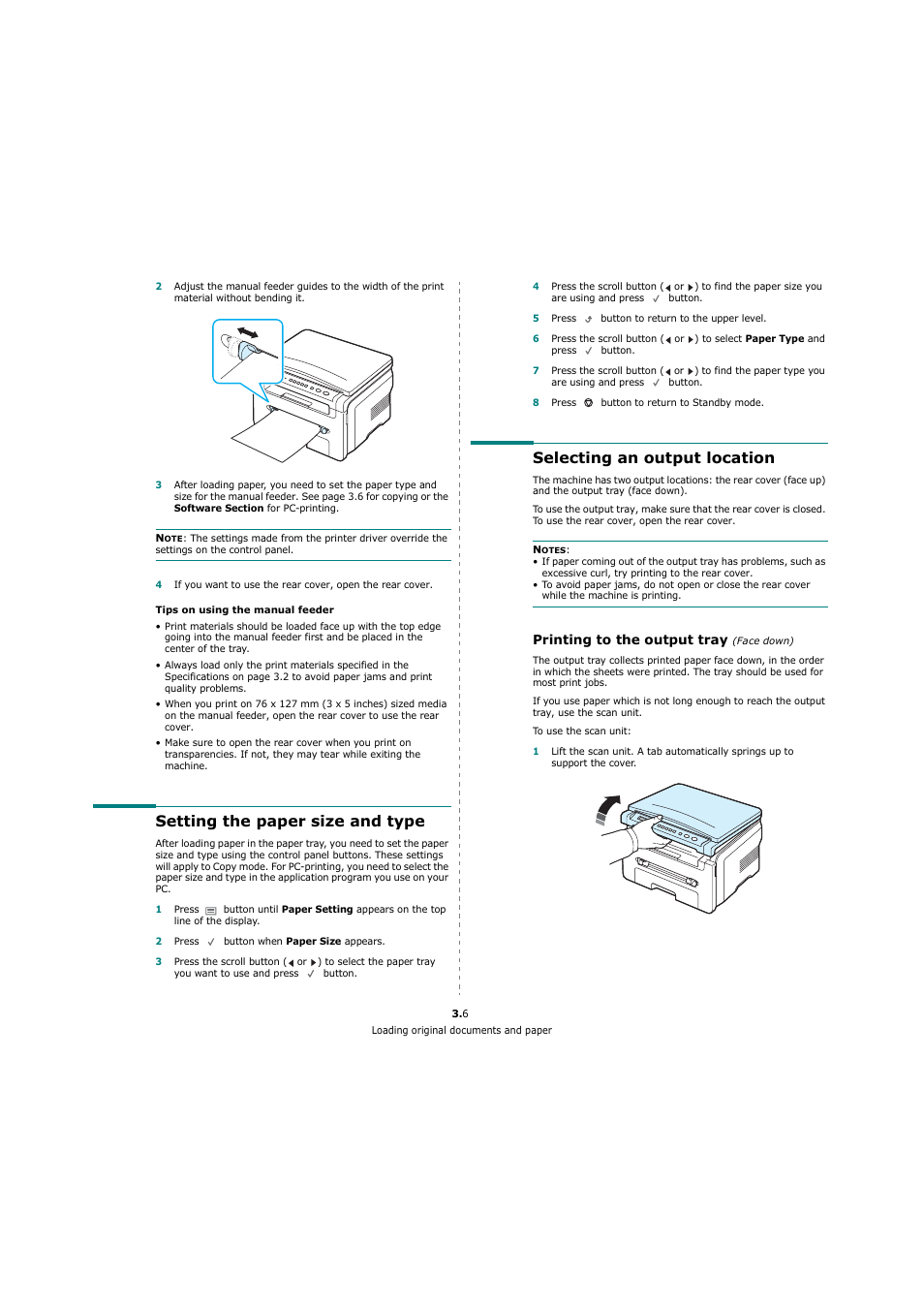 Setting the paper size and type, Selecting an output location, Printing to the output tray (face down) | Xerox 3119 User Manual | Page 24 / 86