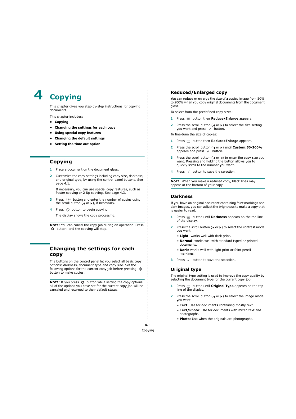 Copying, Changing the settings for each copy, Reduced/enlarged copy | Darkness, Original type | Xerox 3119 User Manual | Page 26 / 86