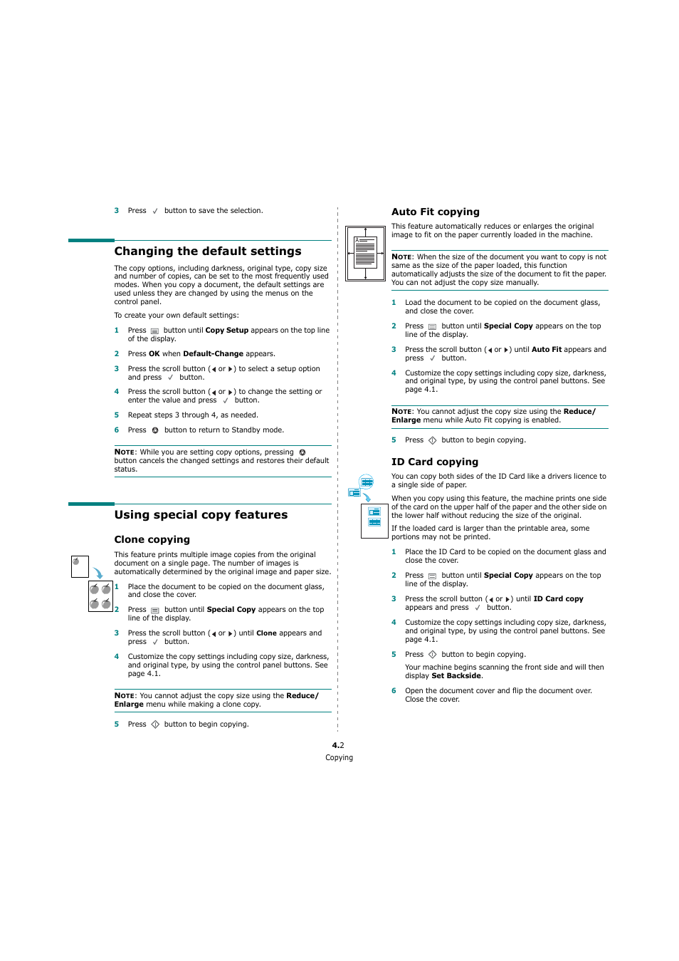 Changing the default settings, Using special copy features, Clone copying | Auto fit copying, Id card copying | Xerox 3119 User Manual | Page 27 / 86