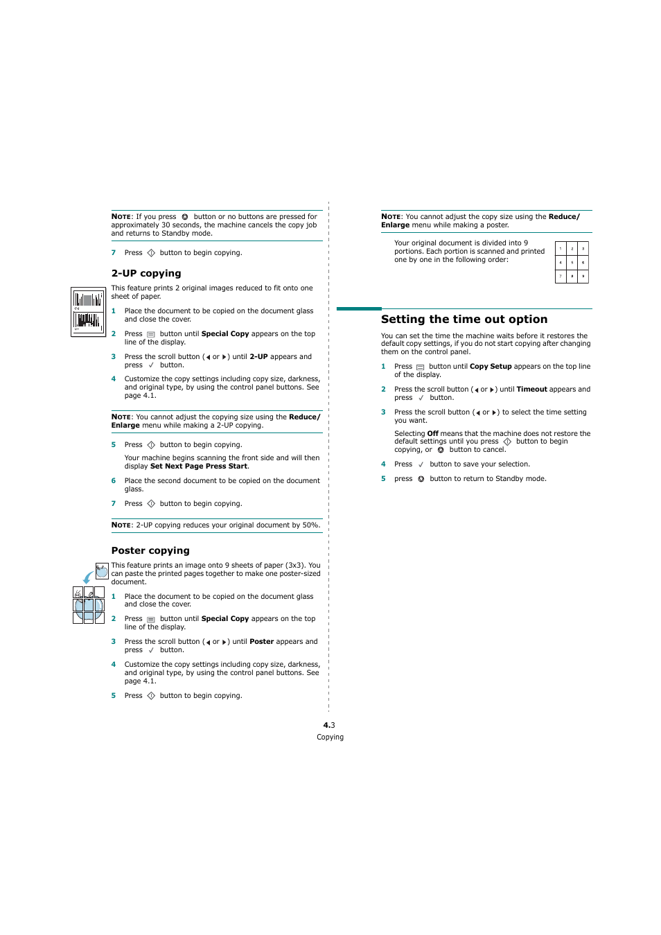 Up copying, Poster copying, Setting the time out option | Xerox 3119 User Manual | Page 28 / 86