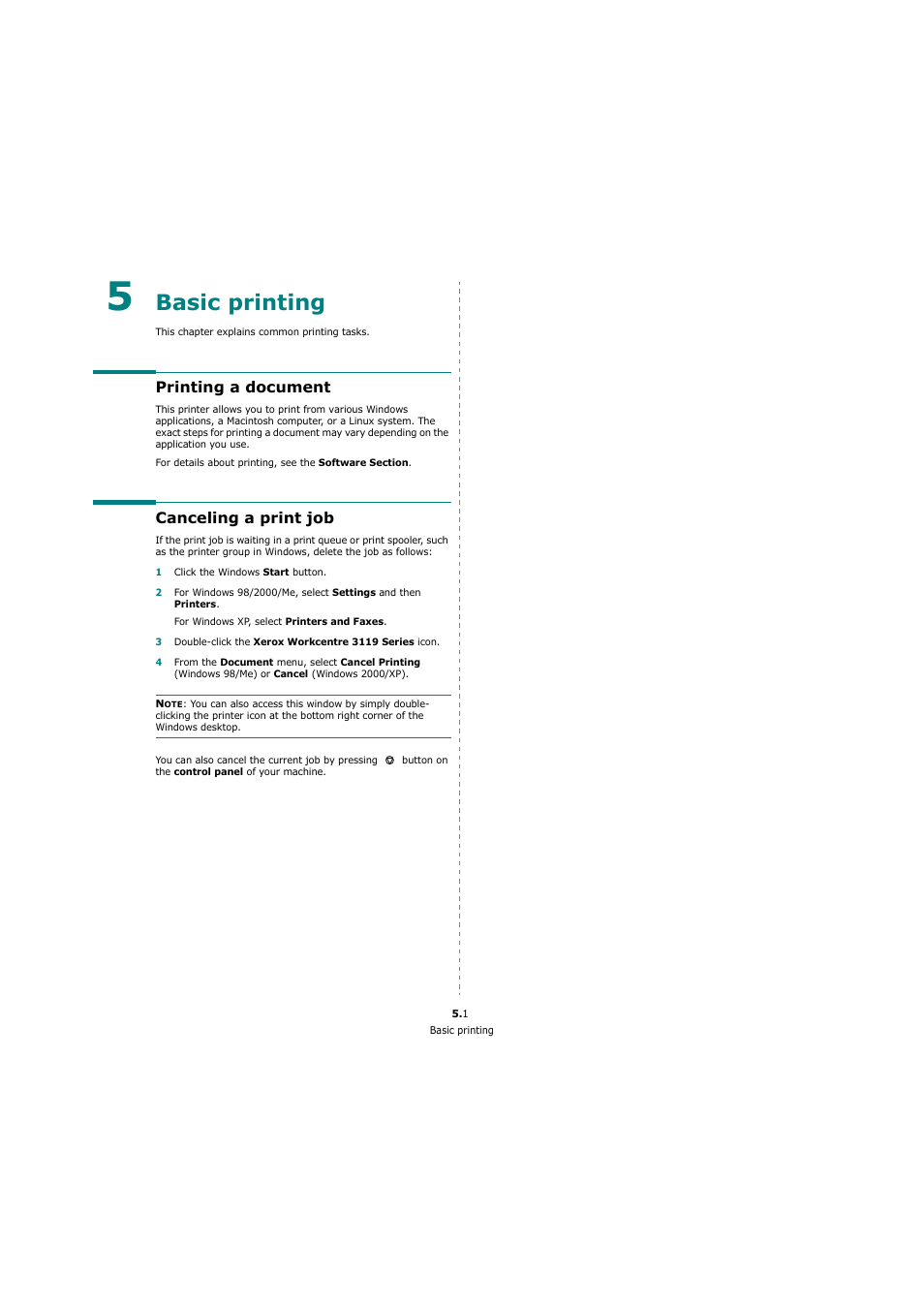 Basic printing, Printing a document, Canceling a print job | Xerox 3119 User Manual | Page 29 / 86