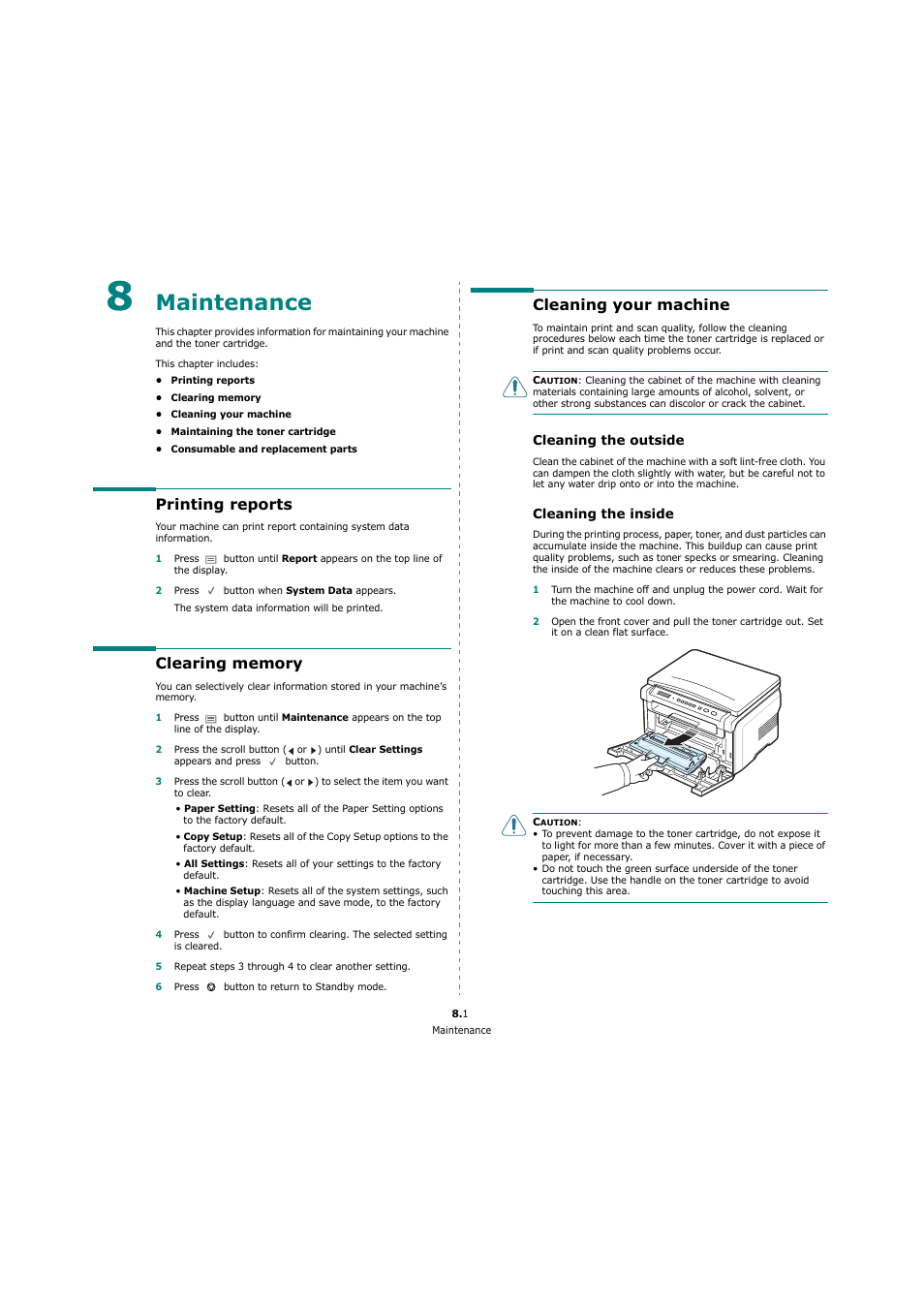 Maintenance, Printing reports, Clearing memory | Cleaning your machine, Cleaning the outside, Cleaning the inside | Xerox 3119 User Manual | Page 32 / 86