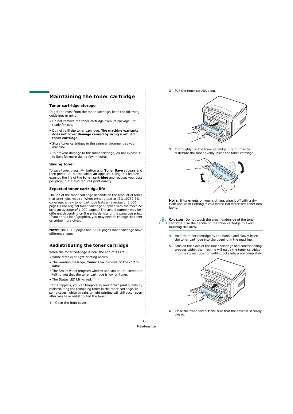 Maintaining the toner cartridge, Redistributing the toner cartridge | Xerox 3119 User Manual | Page 34 / 86
