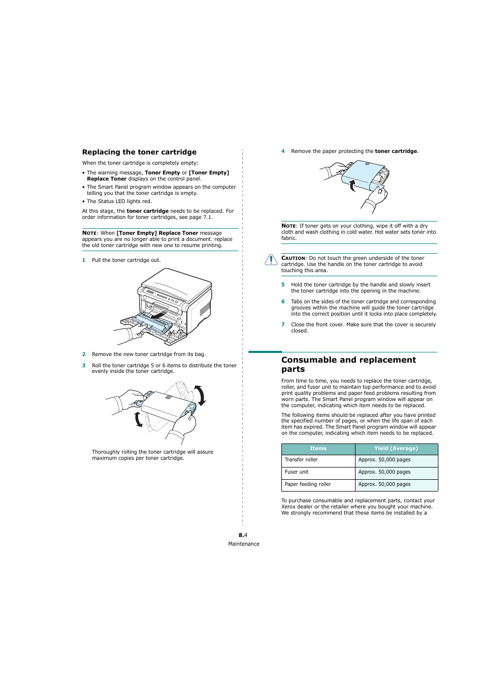 Replacing the toner cartridge, Consumable and replacement parts | Xerox 3119 User Manual | Page 35 / 86