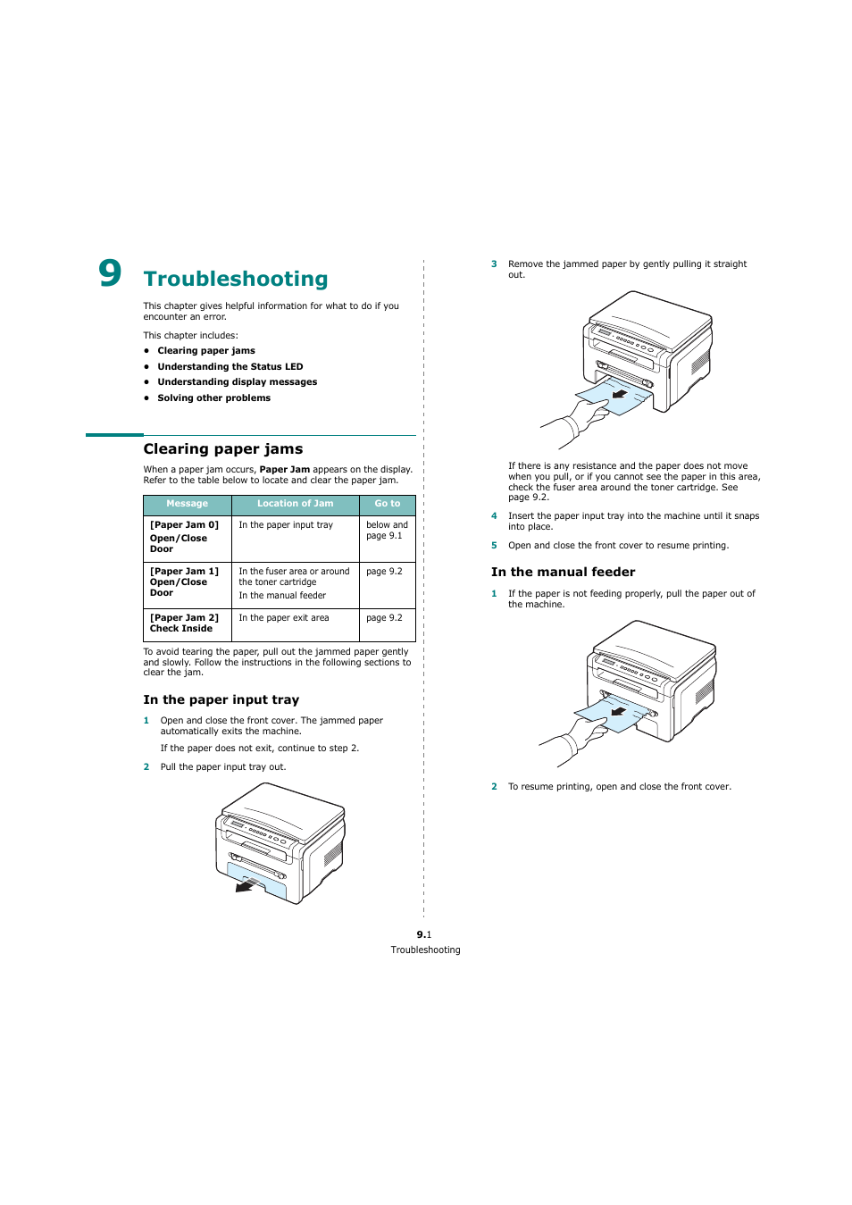 Troubleshooting, Clearing paper jams, In the paper input tray | In the manual feeder | Xerox 3119 User Manual | Page 37 / 86
