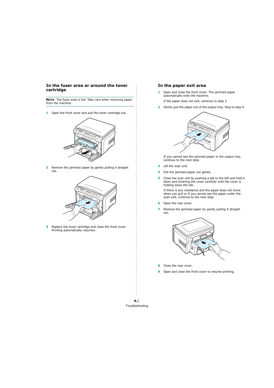 In the fuser area or around the toner cartridge, In the paper exit area | Xerox 3119 User Manual | Page 38 / 86