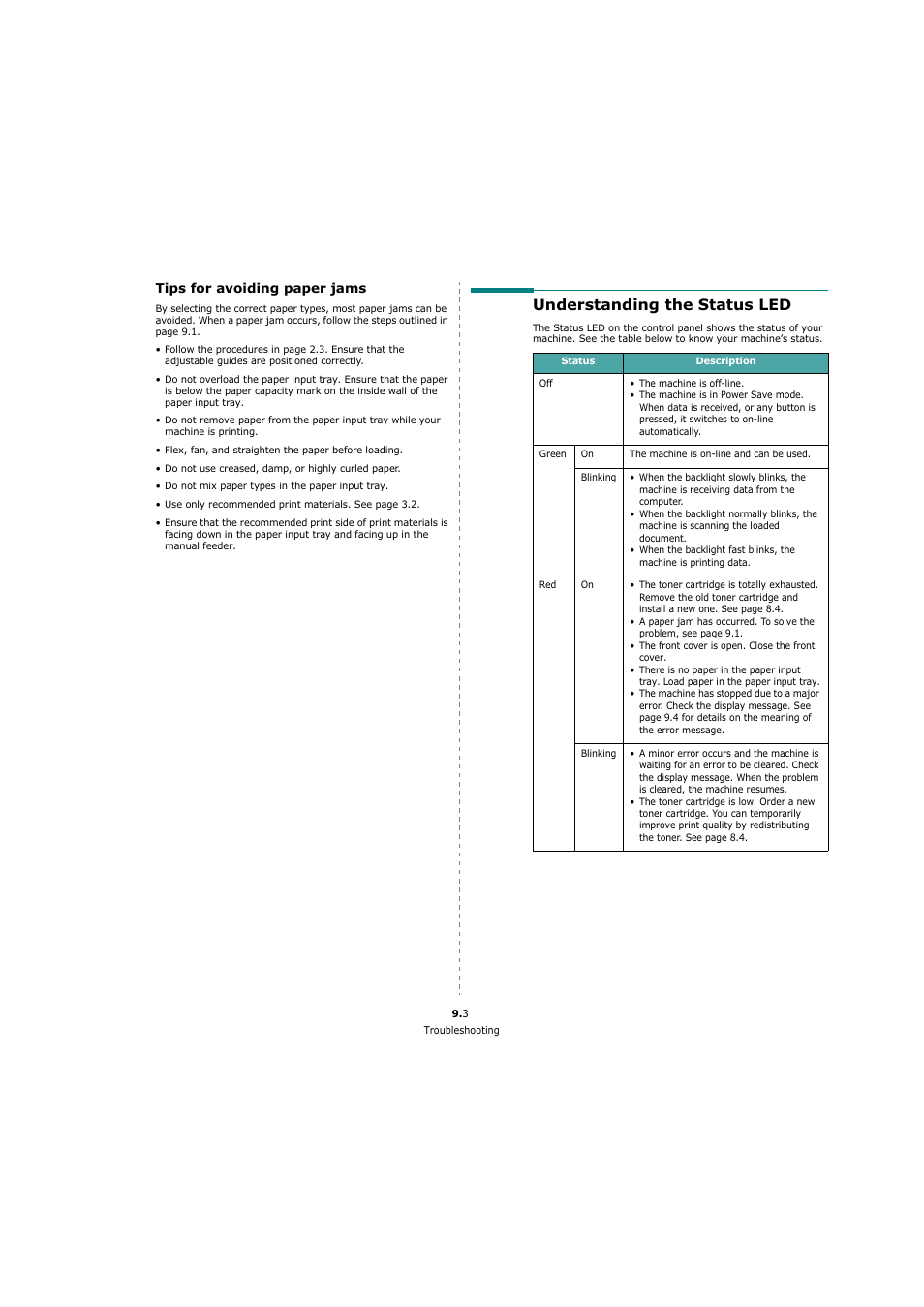 Tips for avoiding paper jams, Understanding the status led | Xerox 3119 User Manual | Page 39 / 86