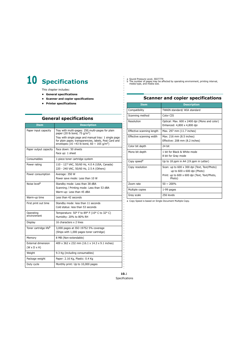 Specifications, General specifications, Scanner and copier specifications | Xerox 3119 User Manual | Page 49 / 86