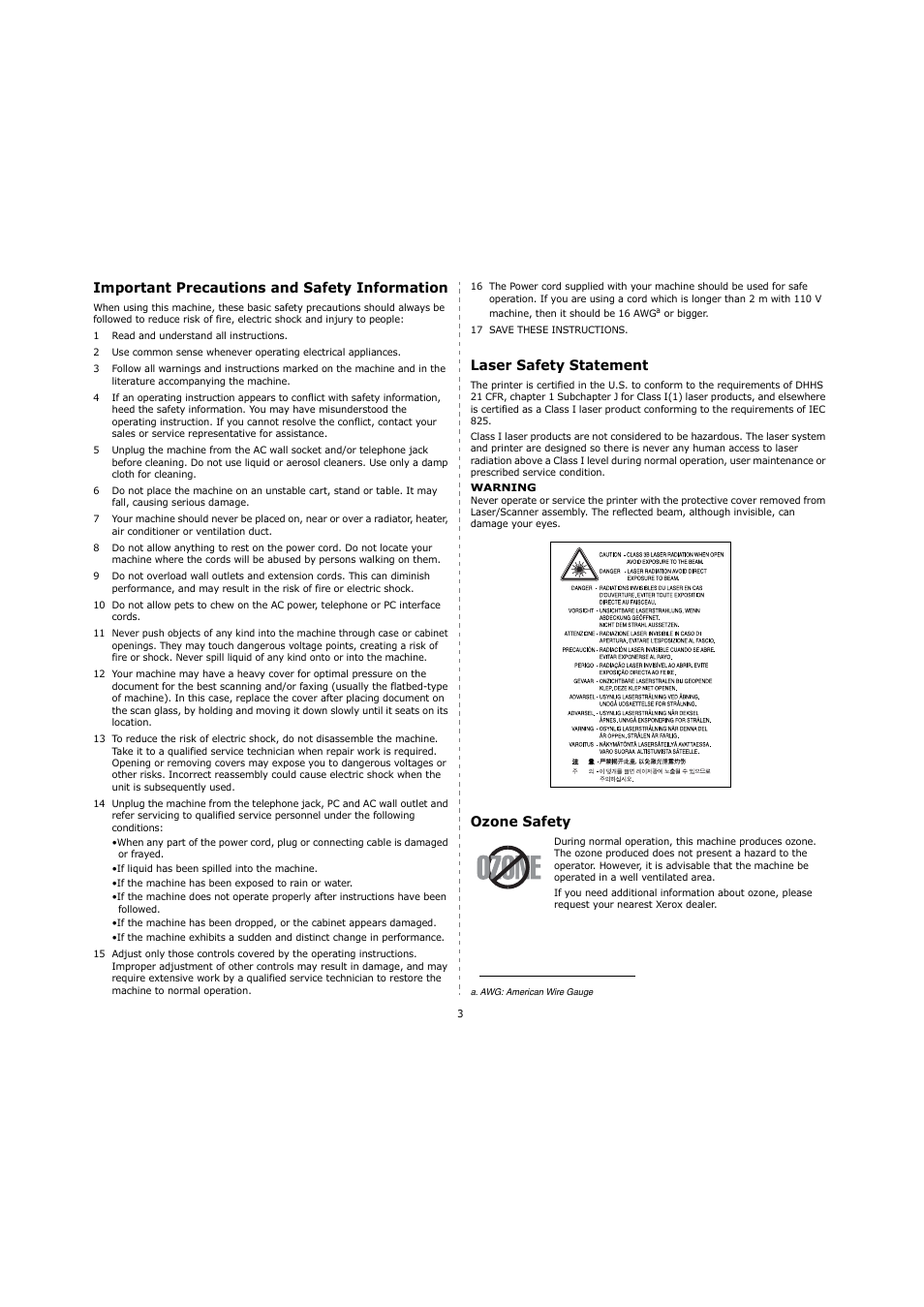 Important precautions and safety information, Laser safety statement, Ozone safety | Xerox 3119 User Manual | Page 5 / 86