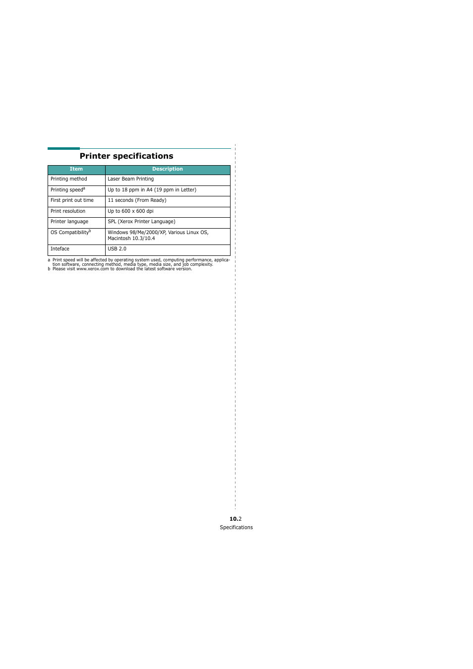 Printer specifications | Xerox 3119 User Manual | Page 50 / 86