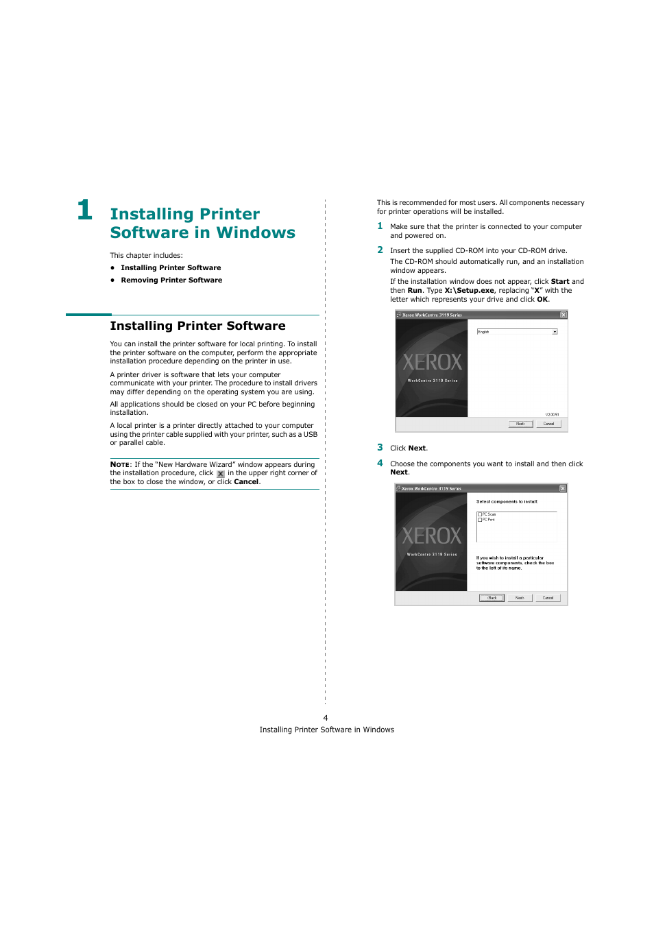 Installing printer software in windows, Installing printer software, Chapter 1 | Nstalling, Rinter, Oftware, Indows | Xerox 3119 User Manual | Page 57 / 86