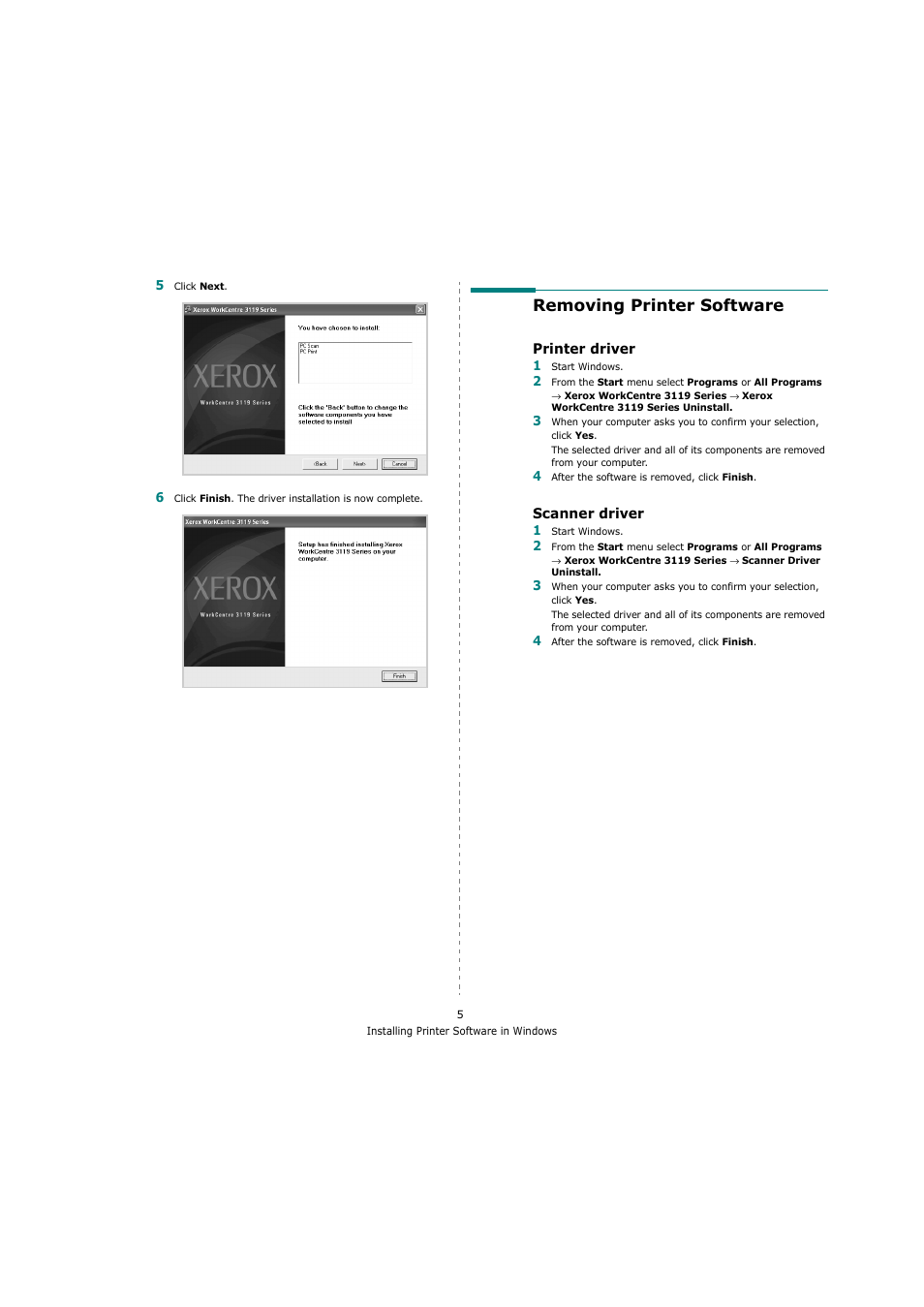 Removing printer software, Printer driver, Scanner driver | Printer driver scanner driver | Xerox 3119 User Manual | Page 58 / 86