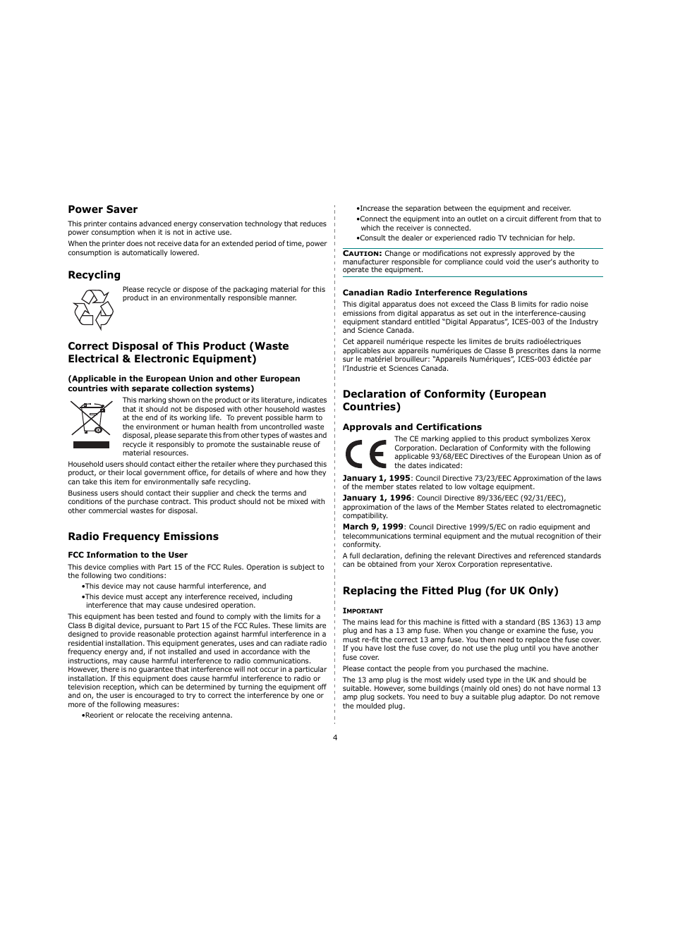 Power saver, Recycling, Radio frequency emissions | Declaration of conformity (european countries), Replacing the fitted plug (for uk only) | Xerox 3119 User Manual | Page 6 / 86