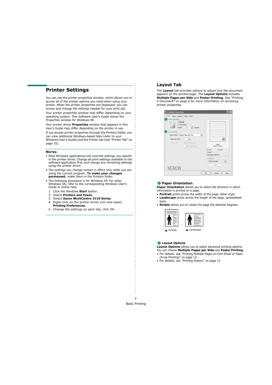 Printer settings, Layout tab | Xerox 3119 User Manual | Page 60 / 86