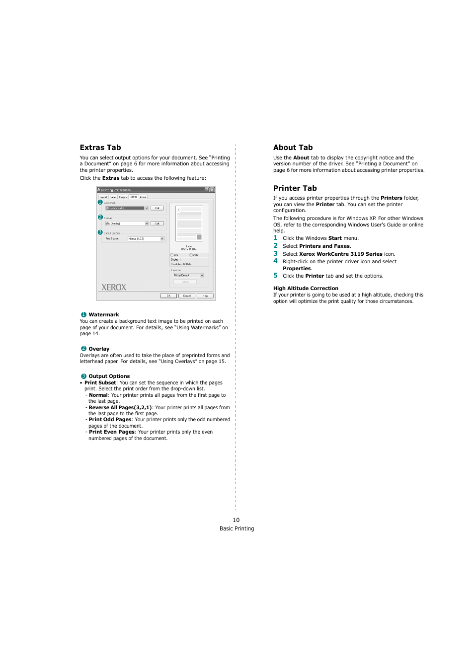 Extras tab, About tab, Printer tab | Extras tab about tab printer tab, Extras tab - about tab - printer tab | Xerox 3119 User Manual | Page 63 / 86