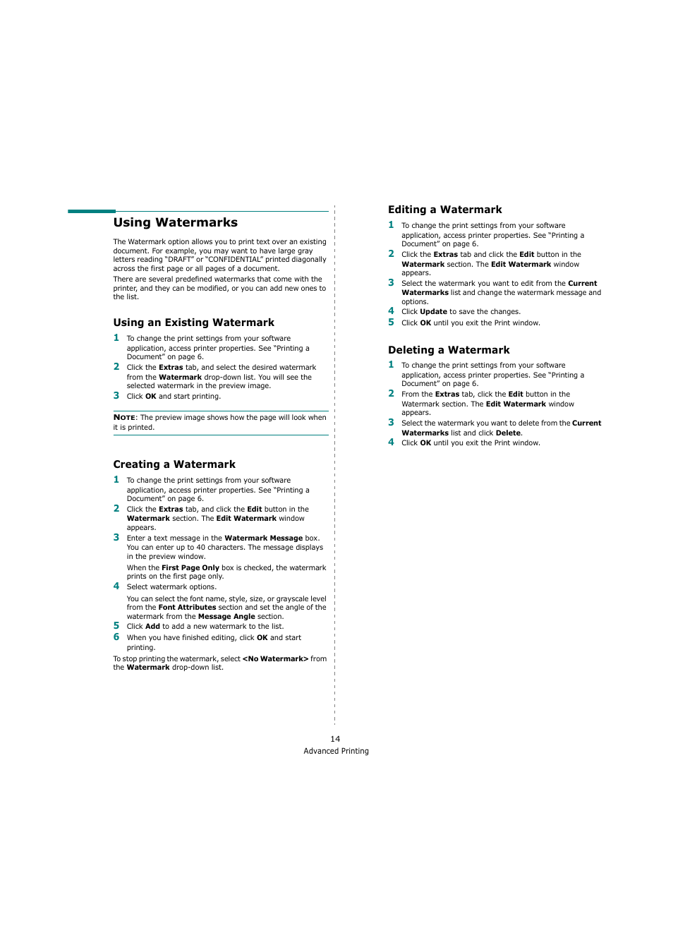 Using watermarks, Using an existing watermark, Creating a watermark | Editing a watermark, Deleting a watermark | Xerox 3119 User Manual | Page 67 / 86