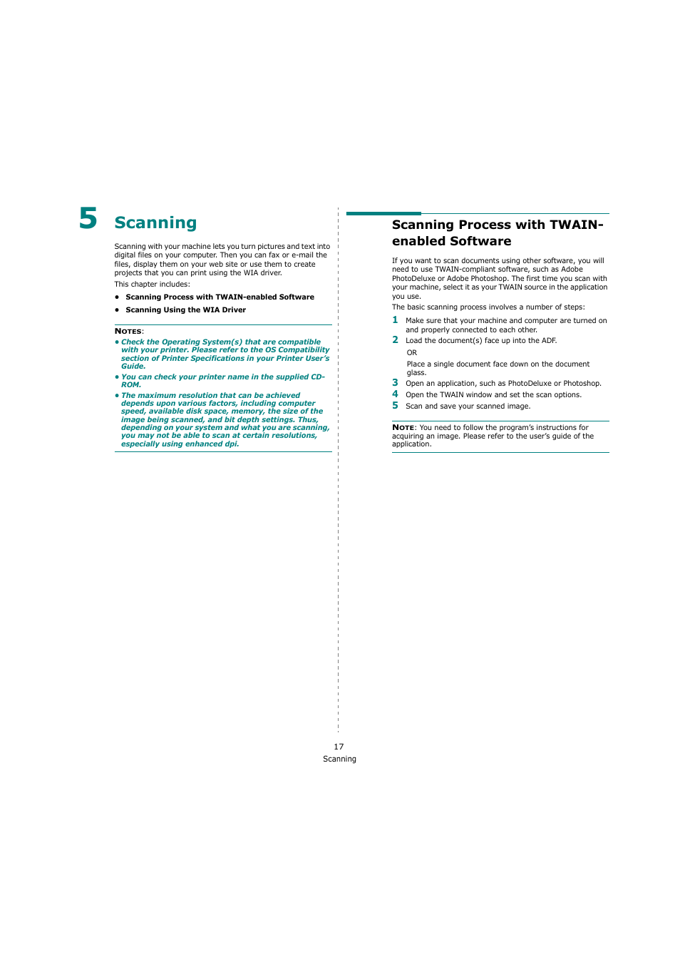 Scanning, Scanning process with twain- enabled software, Chapter 5 | Canning, Scanning process with twain-enabled software | Xerox 3119 User Manual | Page 70 / 86