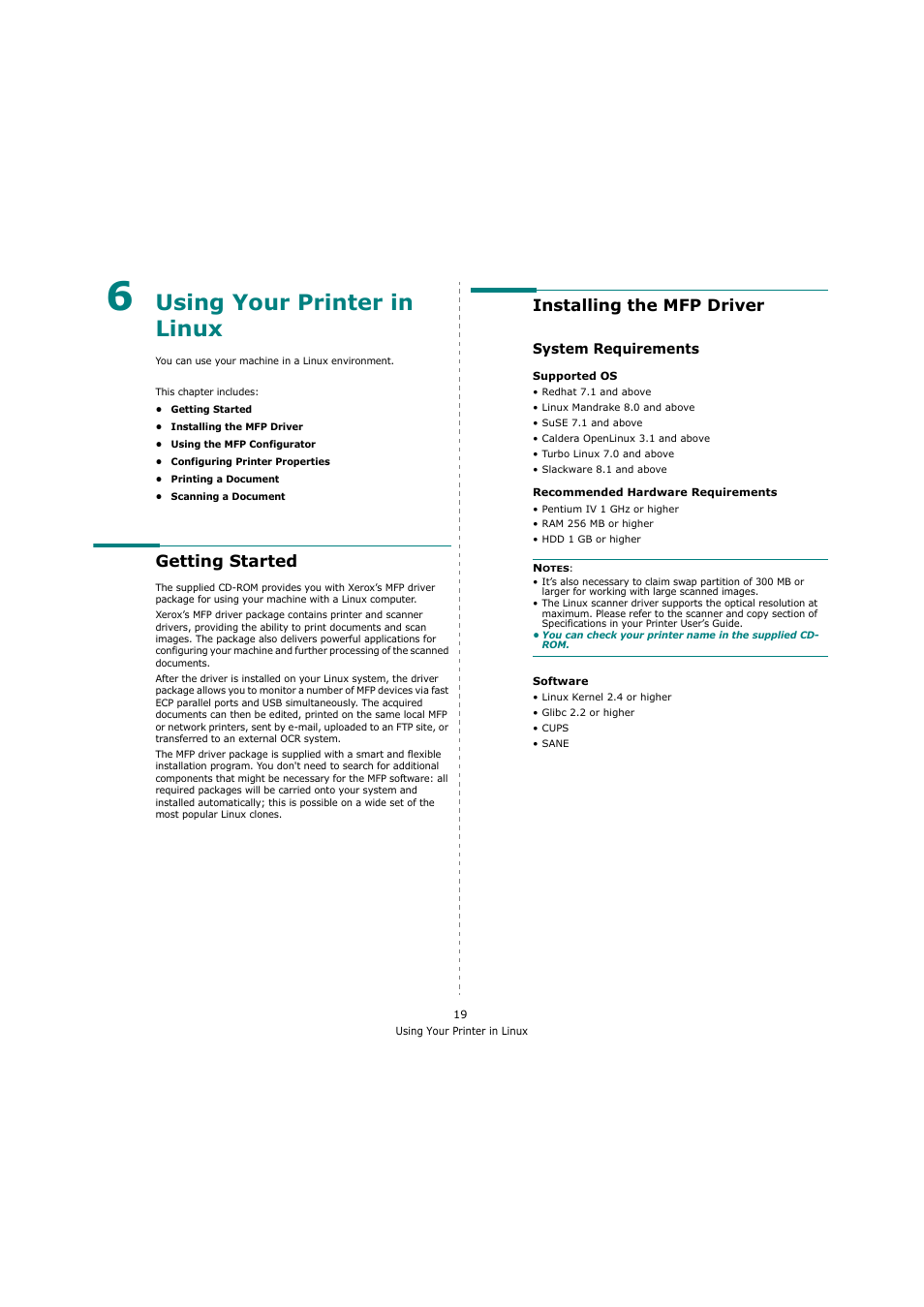 Using your printer in linux, Getting started, Installing the mfp driver | System requirements, Chapter 6, Sing, Rinter, Inux, Getting started installing the mfp driver | Xerox 3119 User Manual | Page 72 / 86