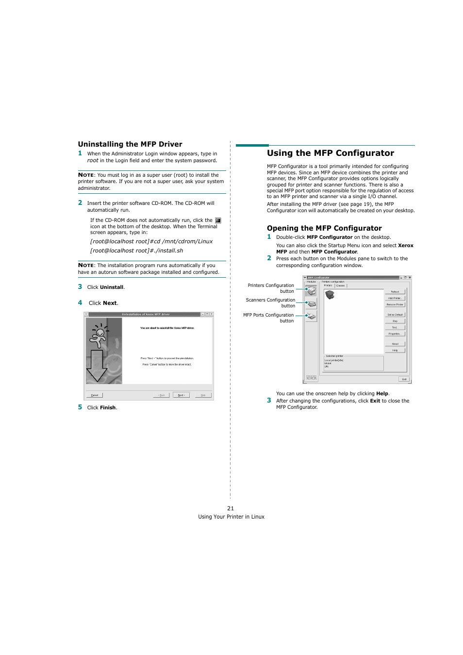 Uninstalling the mfp driver, Using the mfp configurator, Opening the mfp configurator | Xerox 3119 User Manual | Page 74 / 86