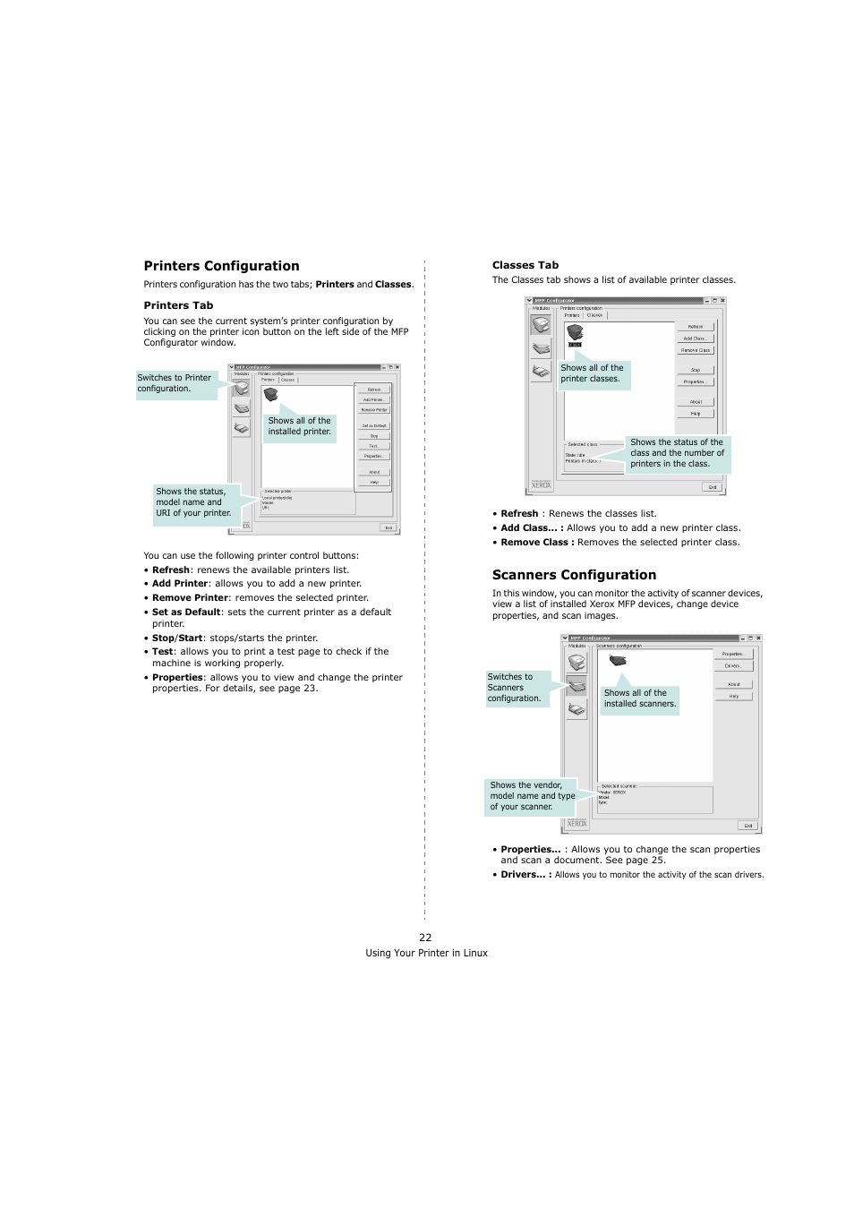 Printers configuration, Scanners configuration, Printers configuration scanners configuration | Xerox 3119 User Manual | Page 75 / 86