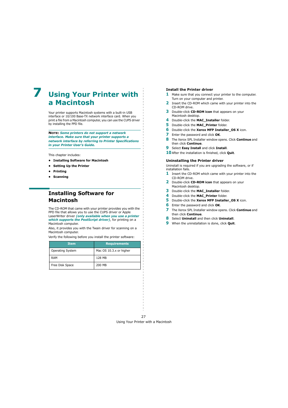 Using your printer with a macintosh, Installing software for macintosh, Chapter 7 | Sing, Rinter, With, Acintosh | Xerox 3119 User Manual | Page 80 / 86