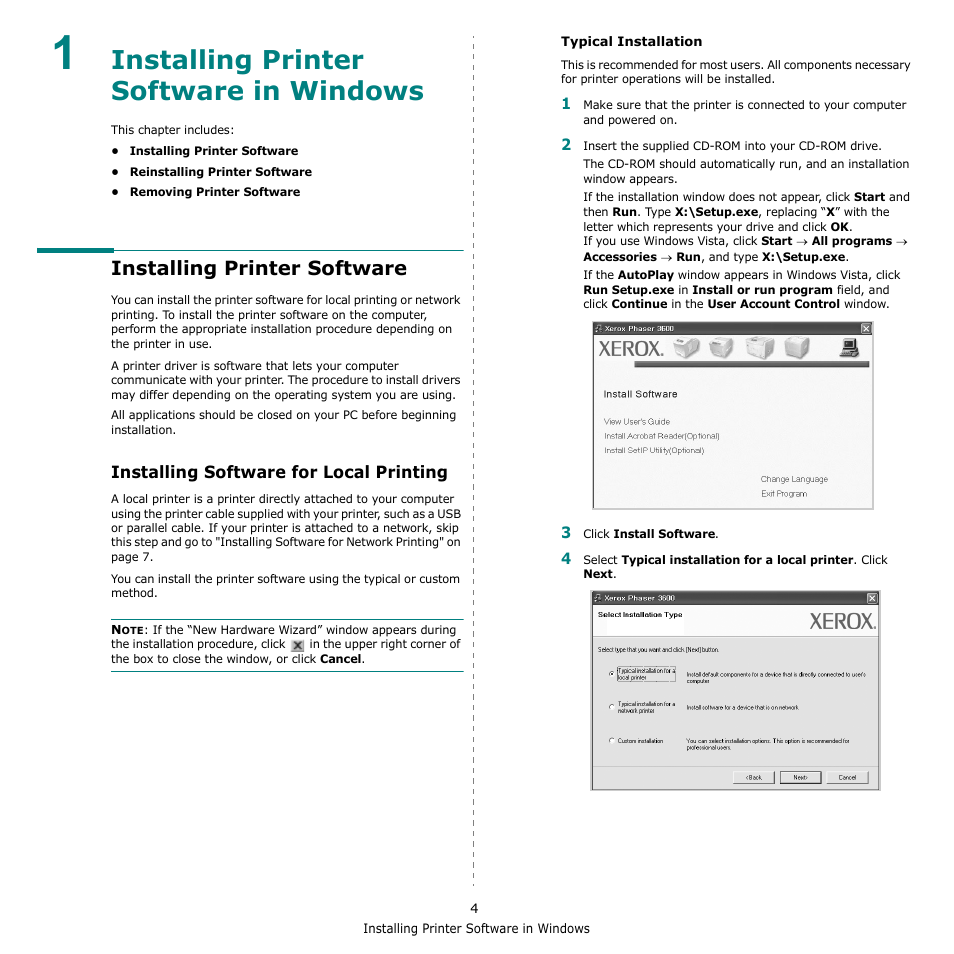 Installing printer software in windows, Installing printer software, Installing software for local printing | Chapter 1 | Xerox Phaser 3435 User Manual | Page 65 / 98