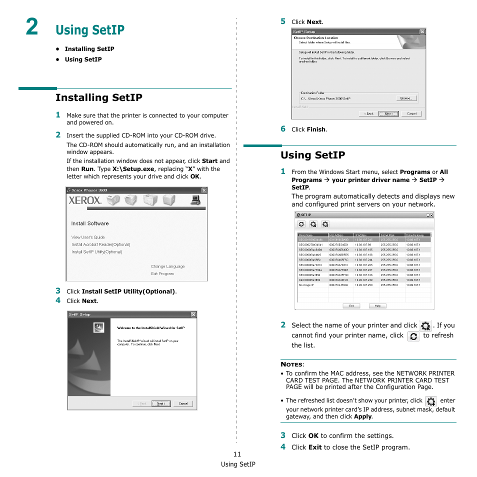 Using setip, Installing setip, Chapter 2 | Installing setip using setip | Xerox Phaser 3435 User Manual | Page 72 / 98