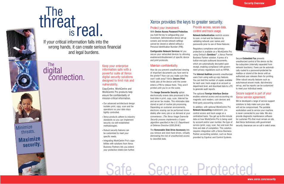 Threat, Real, Safe. secure. protected | Digital, Connection, Maximize, Securi, Xerox provides the keys to greater security, Minimize threats | Xerox CopyCentre C35 User Manual | Page 2 / 2