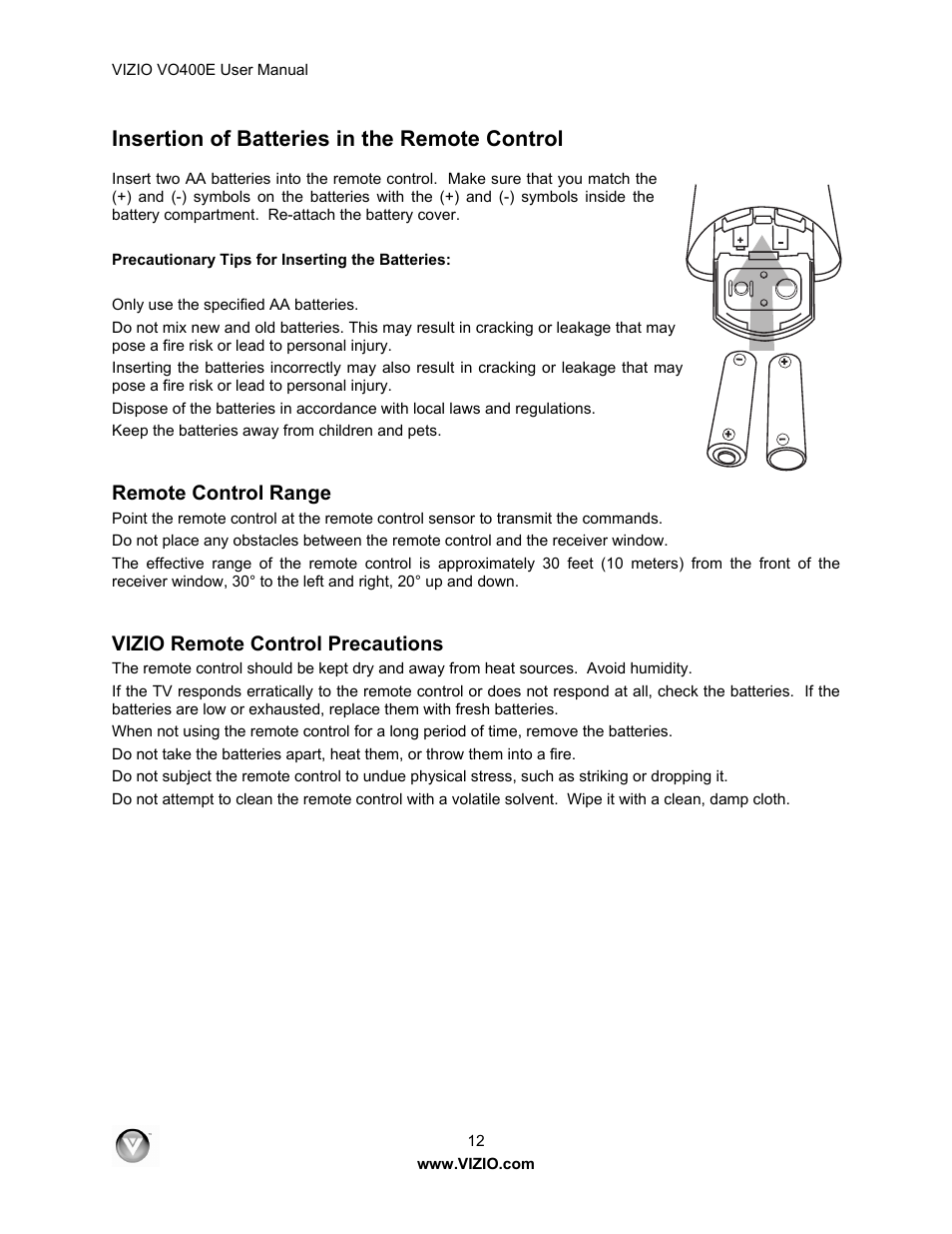 Insertion of batteries in the remote control, Remote control range, Vizio remote control precautions | Xerox VO400E User Manual | Page 12 / 65