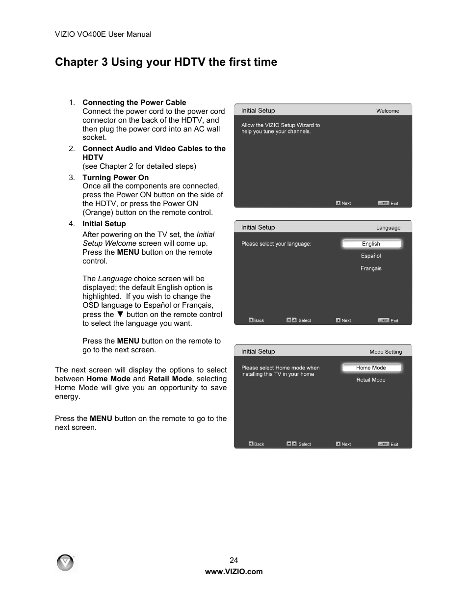 Chapter 3 using your hdtv the first time | Xerox VO400E User Manual | Page 24 / 65