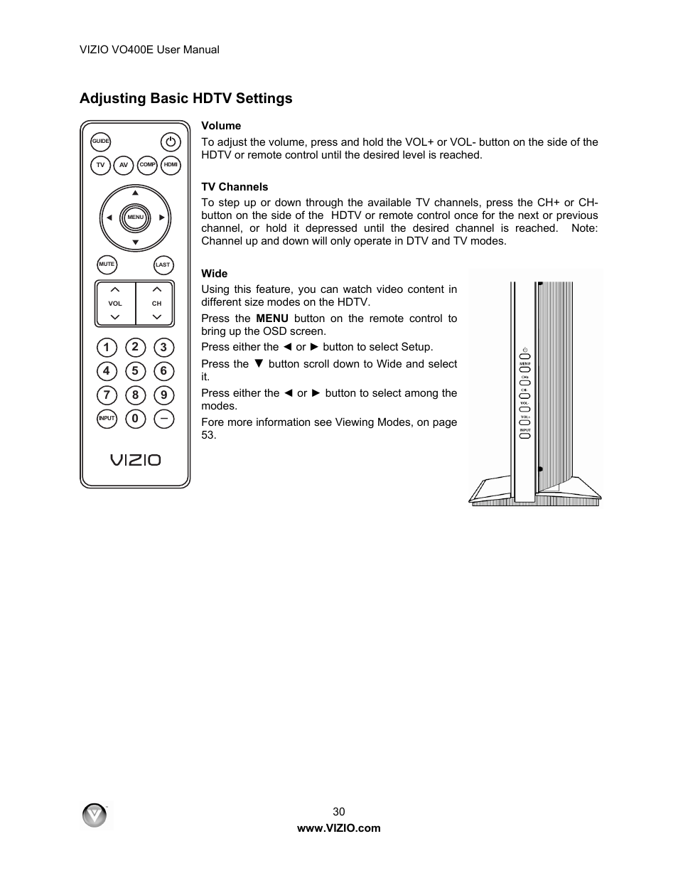 Adjusting basic hdtv settings | Xerox VO400E User Manual | Page 30 / 65