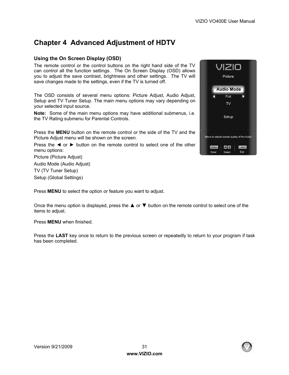 Chapter 4 advanced adjustment of hdtv | Xerox VO400E User Manual | Page 31 / 65