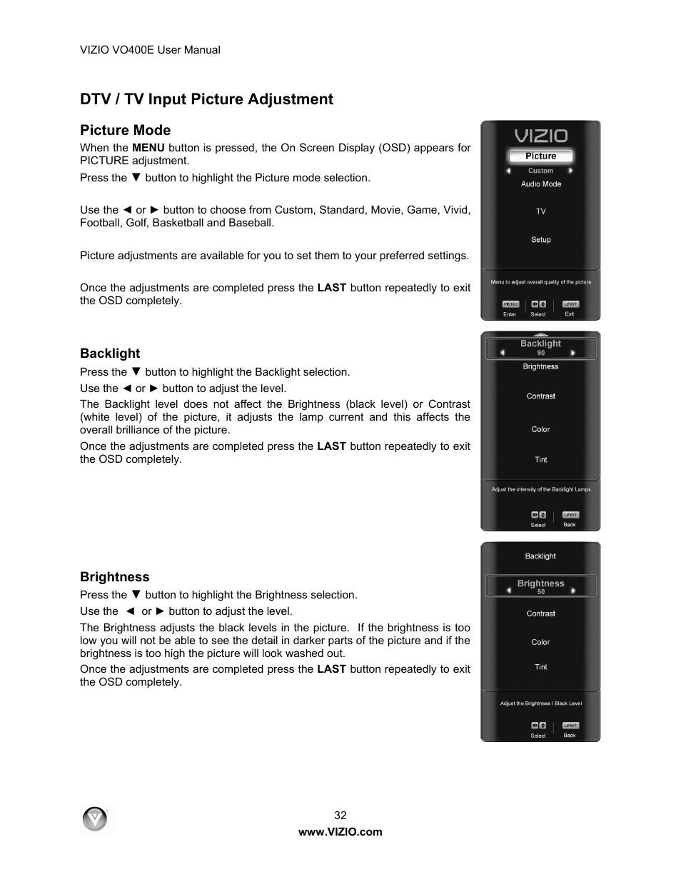 Dtv / tv input picture adjustment, Picture mode | Xerox VO400E User Manual | Page 32 / 65