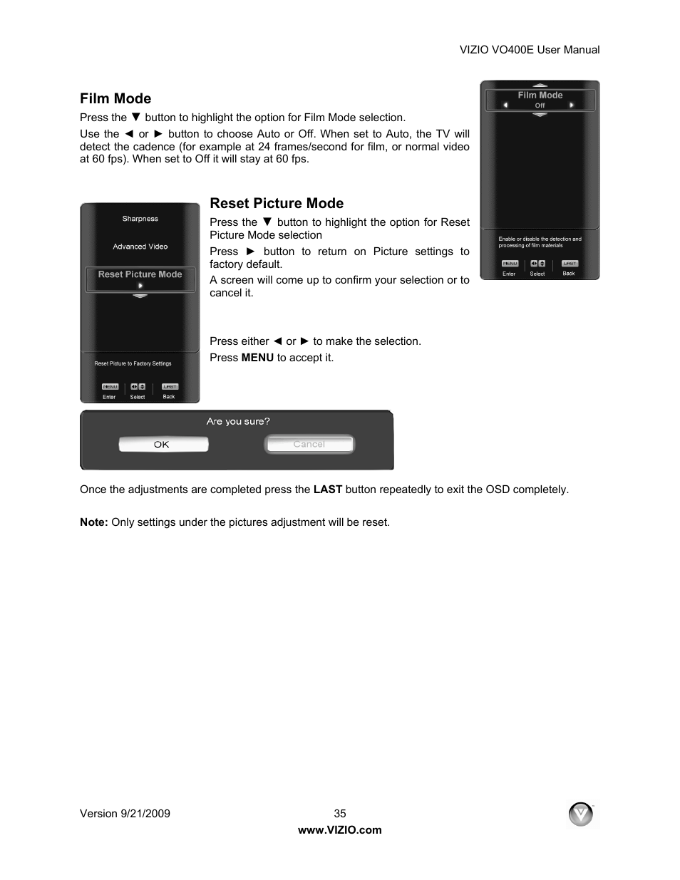 Film mode, Reset picture mode | Xerox VO400E User Manual | Page 35 / 65