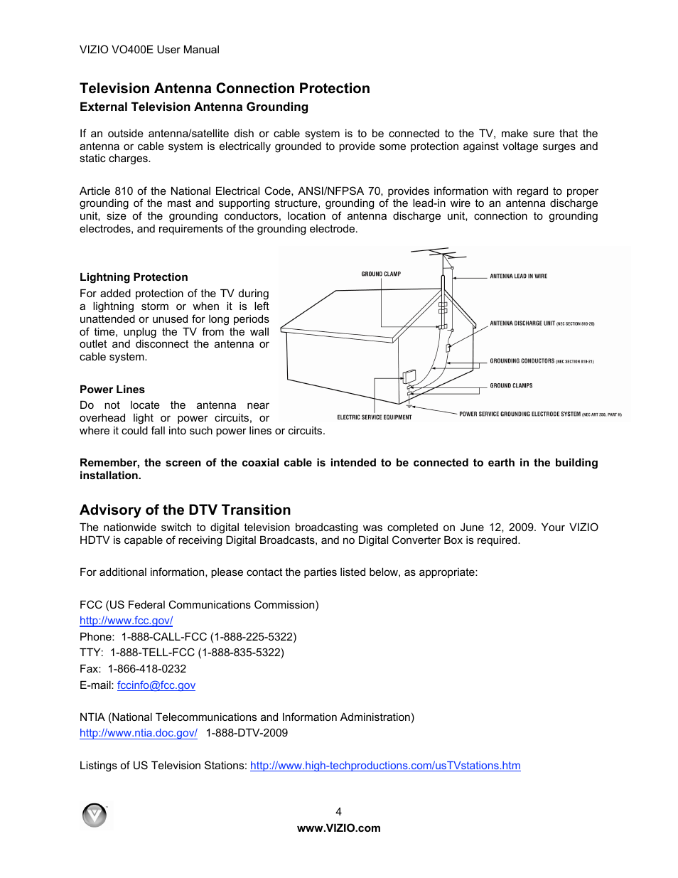 Television antenna connection protection, Advisory of the dtv transition | Xerox VO400E User Manual | Page 4 / 65