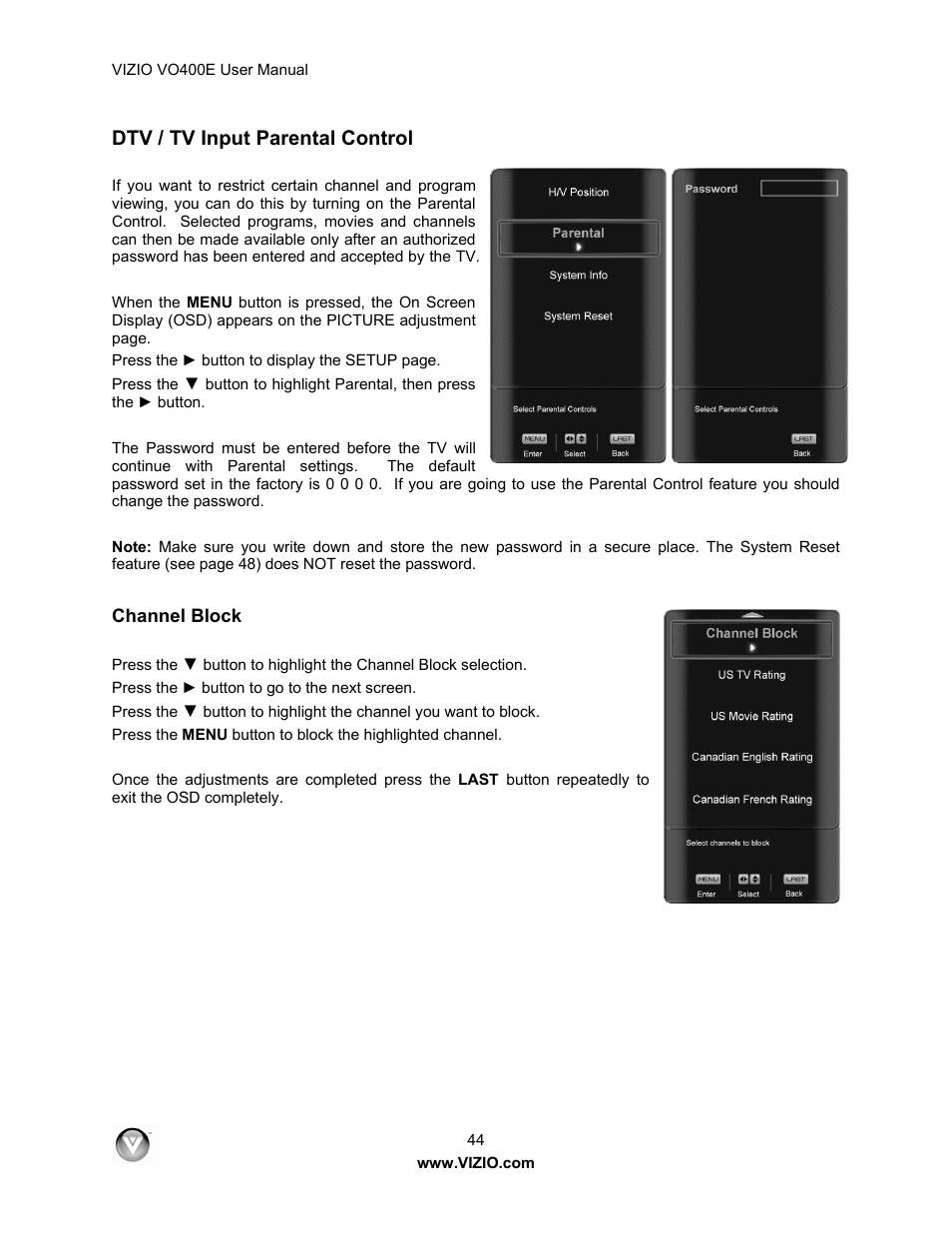 Dtv / tv input parental control | Xerox VO400E User Manual | Page 44 / 65