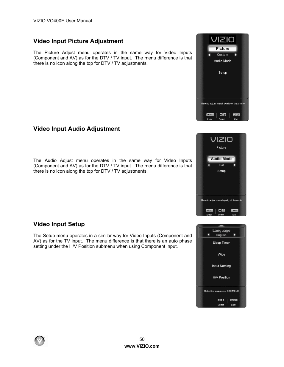 Video input picture adjustment, Video input audio adjustment, Video input setup | Xerox VO400E User Manual | Page 50 / 65