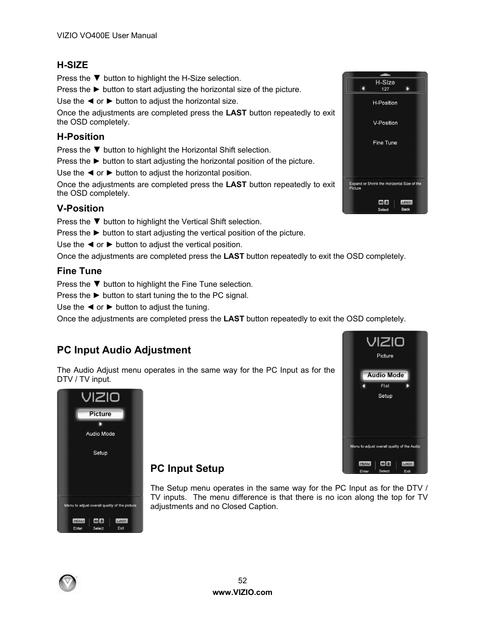 Pc input audio adjustment, Pc input setup | Xerox VO400E User Manual | Page 52 / 65