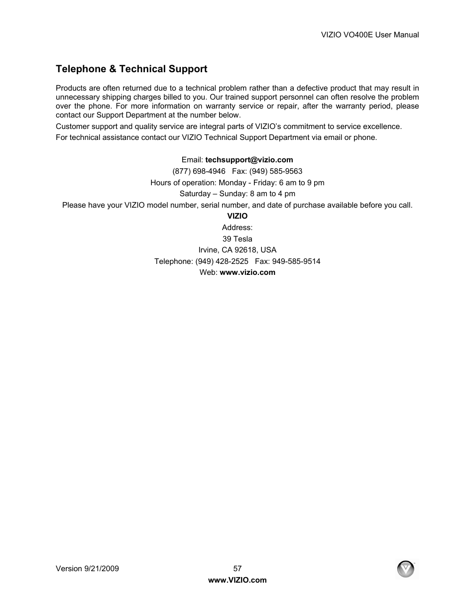 Telephone & technical support | Xerox VO400E User Manual | Page 57 / 65