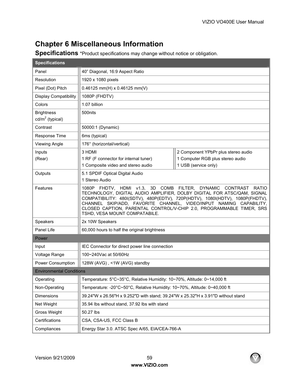 Chapter 6 miscellaneous information, Specifications | Xerox VO400E User Manual | Page 59 / 65