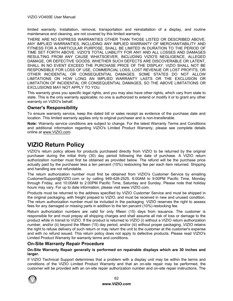 Vizio return policy | Xerox VO400E User Manual | Page 62 / 65