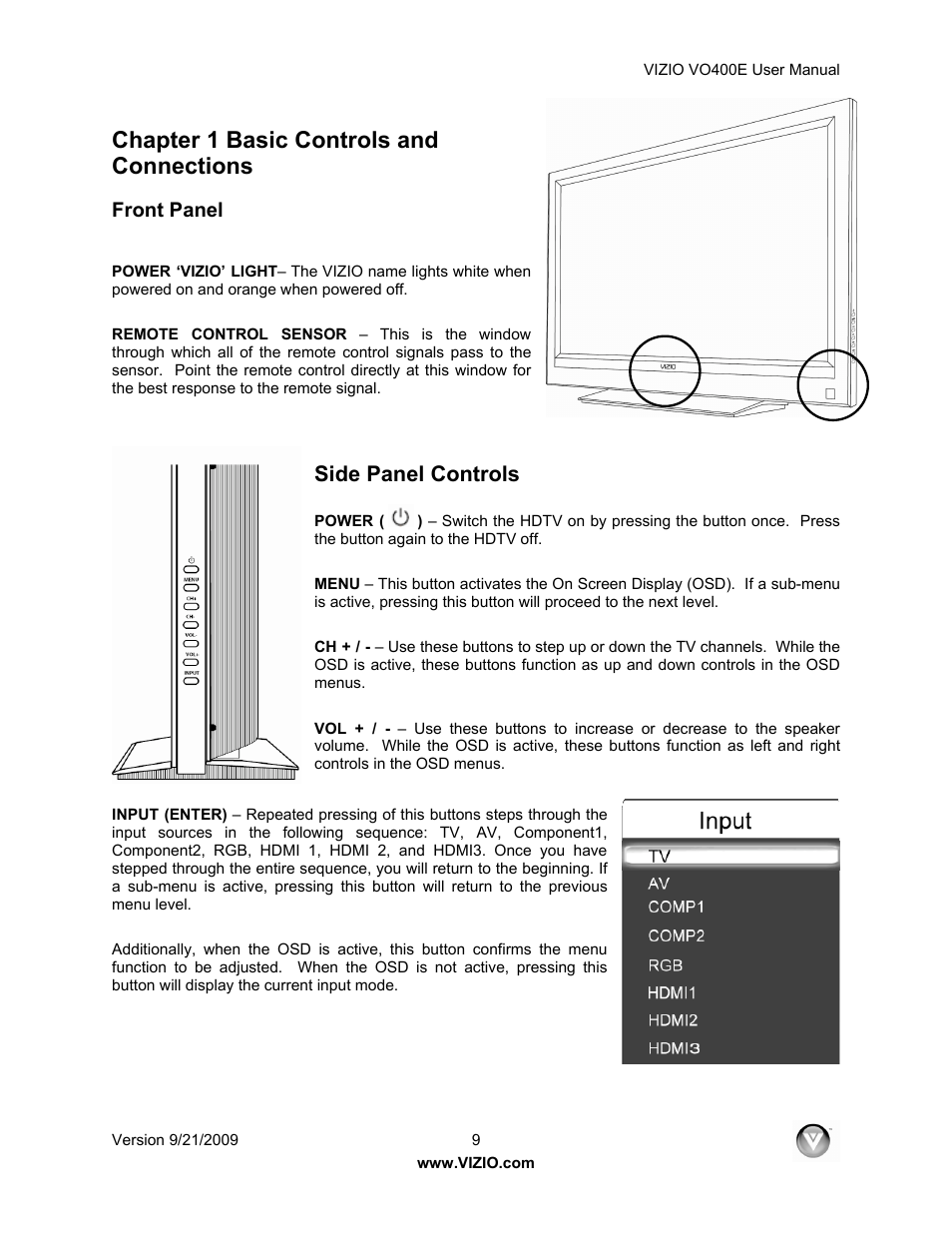 Chapter 1 basic controls and connections, Side panel controls, Front panel | Xerox VO400E User Manual | Page 9 / 65
