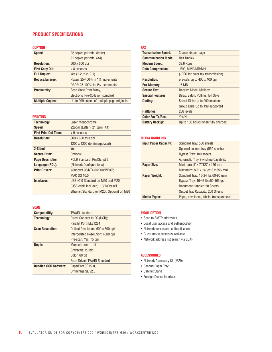 Product specifications | Xerox C20 User Manual | Page 12 / 16
