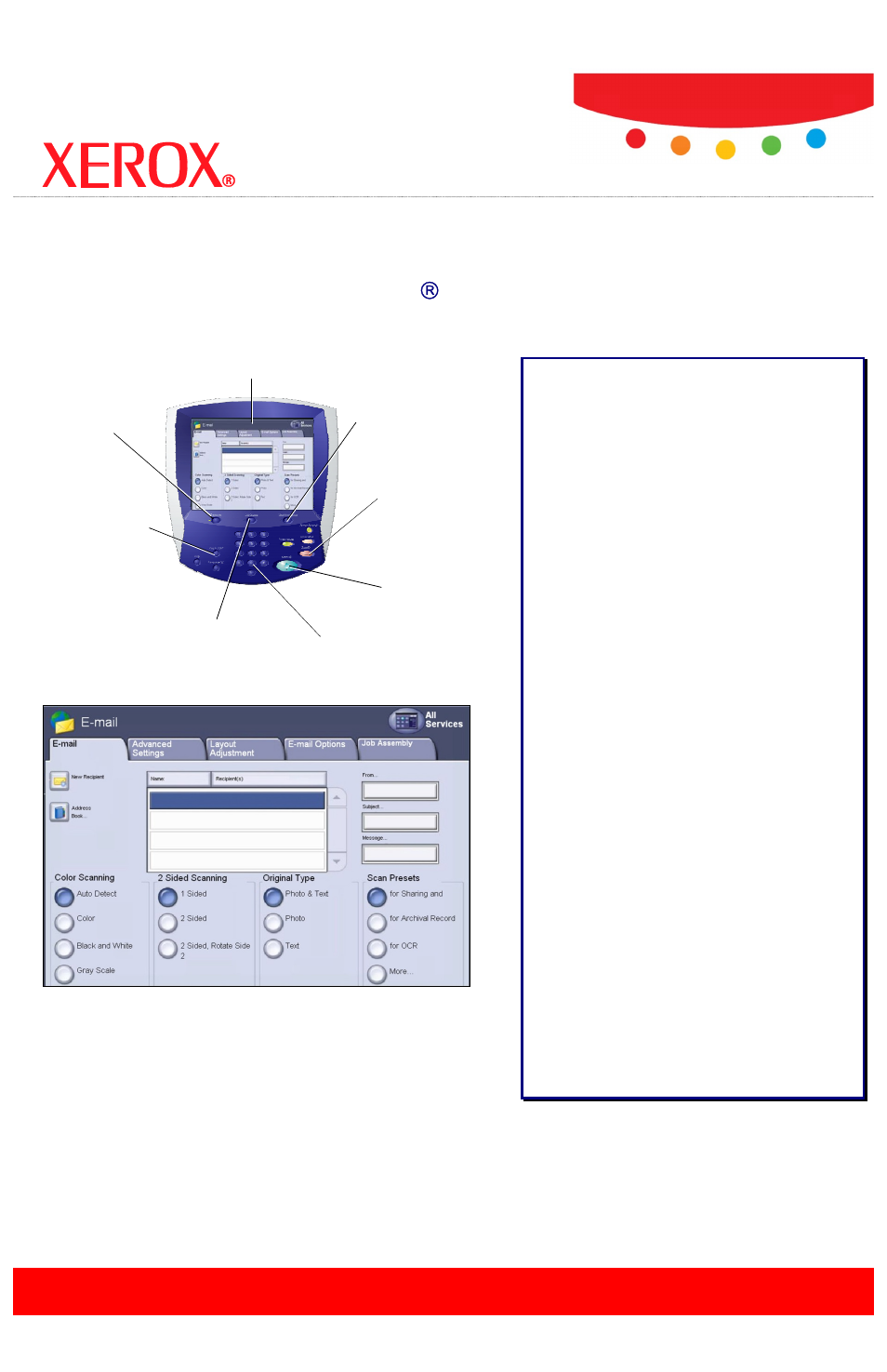 Email.pdf, E-mailing, Simple e-mailing | E-mail options | Xerox WorkCentre 7665 User Manual | Page 2 / 4