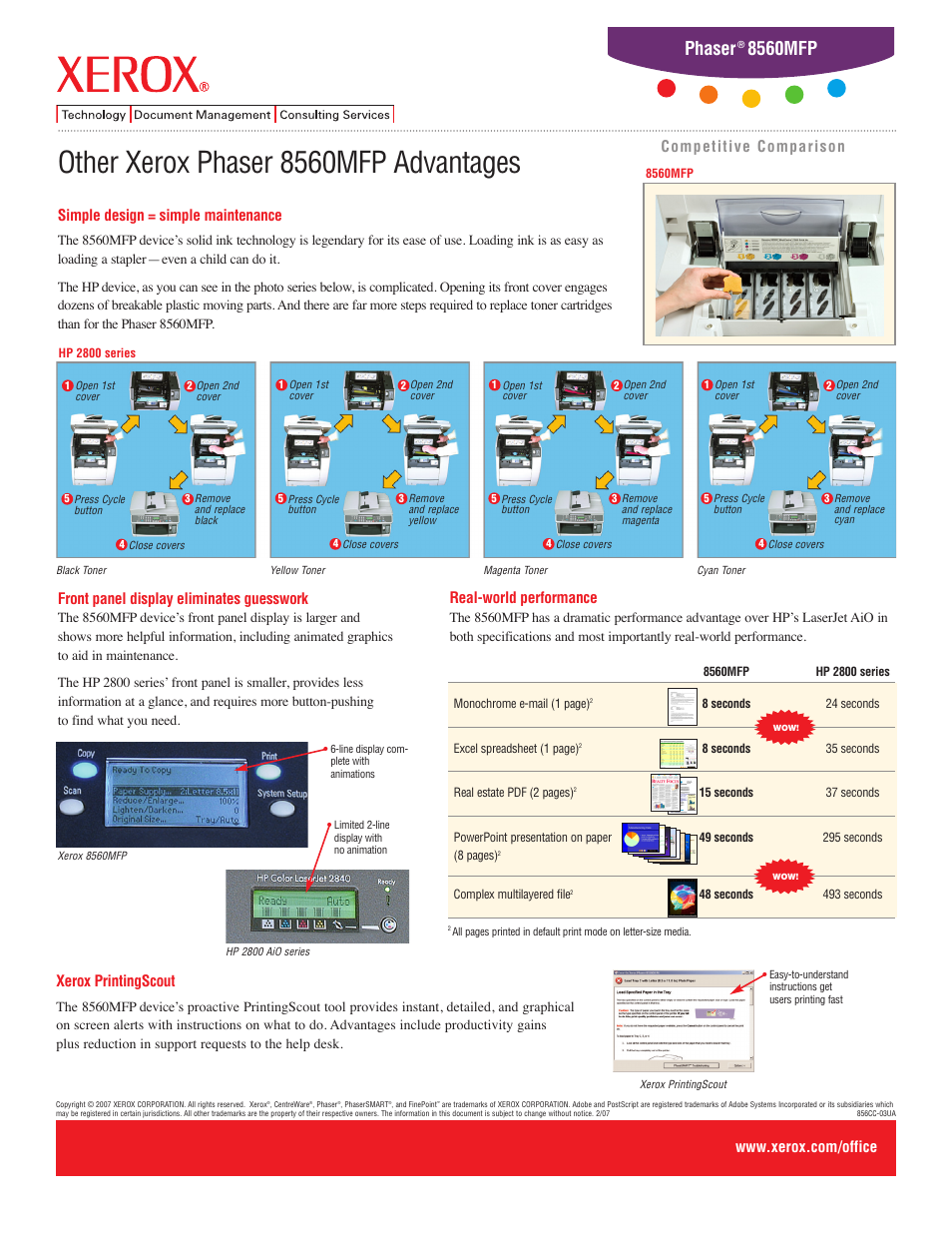 Other xerox phaser 8560mfp advantages, Phaser, 8560mfp | Simple design = simple maintenance, Competitive comparison, Xerox printingscout, Front panel display eliminates guesswork, Real-world performance | Xerox 2840AIO User Manual | Page 3 / 3